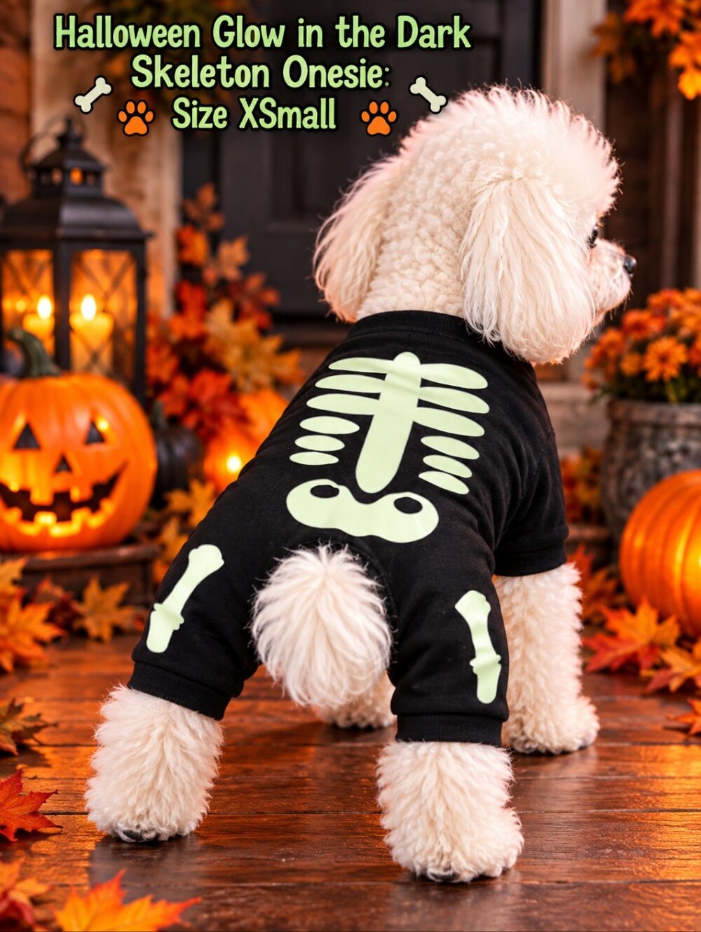 Black skeleton onesie with white glow in dark skeleton graphic, size XS